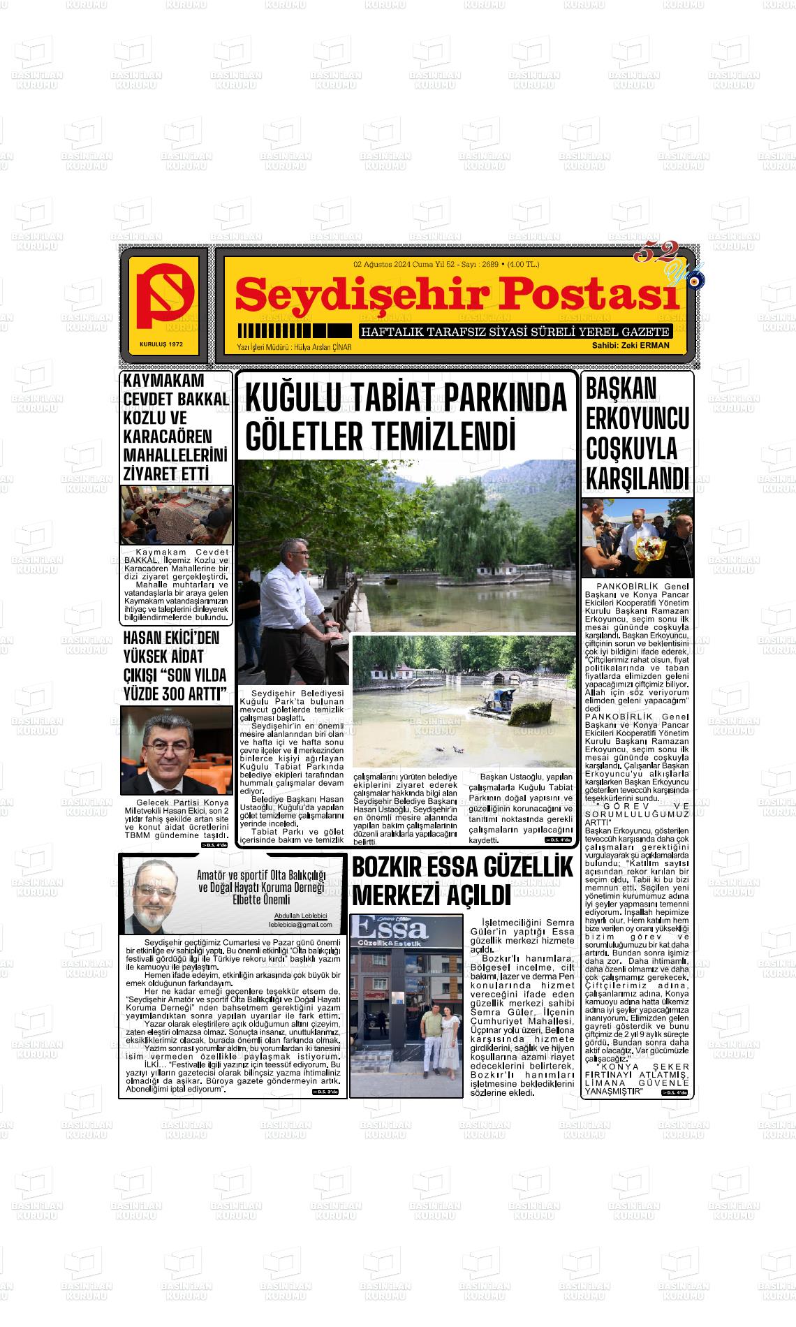 02 Ağustos 2024 Seydişehir Postası Gazete Manşeti