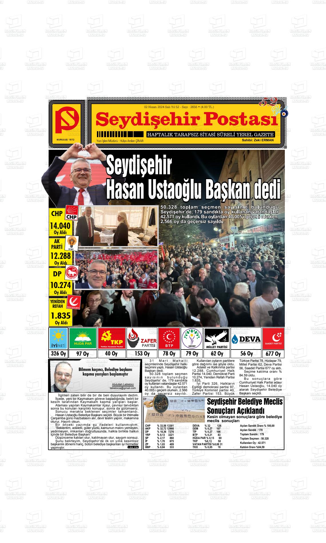 02 Nisan 2024 Seydişehir Postası Gazete Manşeti