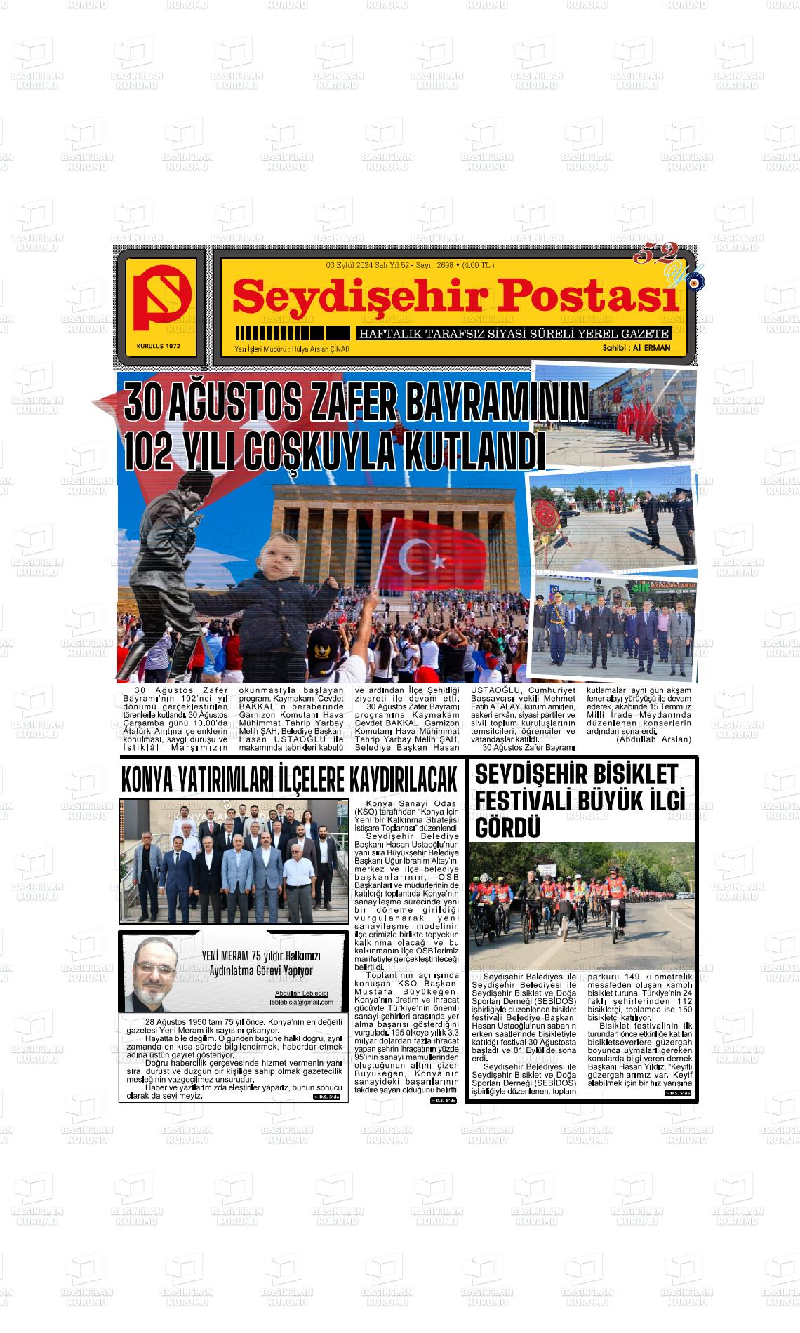 03 Eylül 2024 Seydişehir Postası Gazete Manşeti