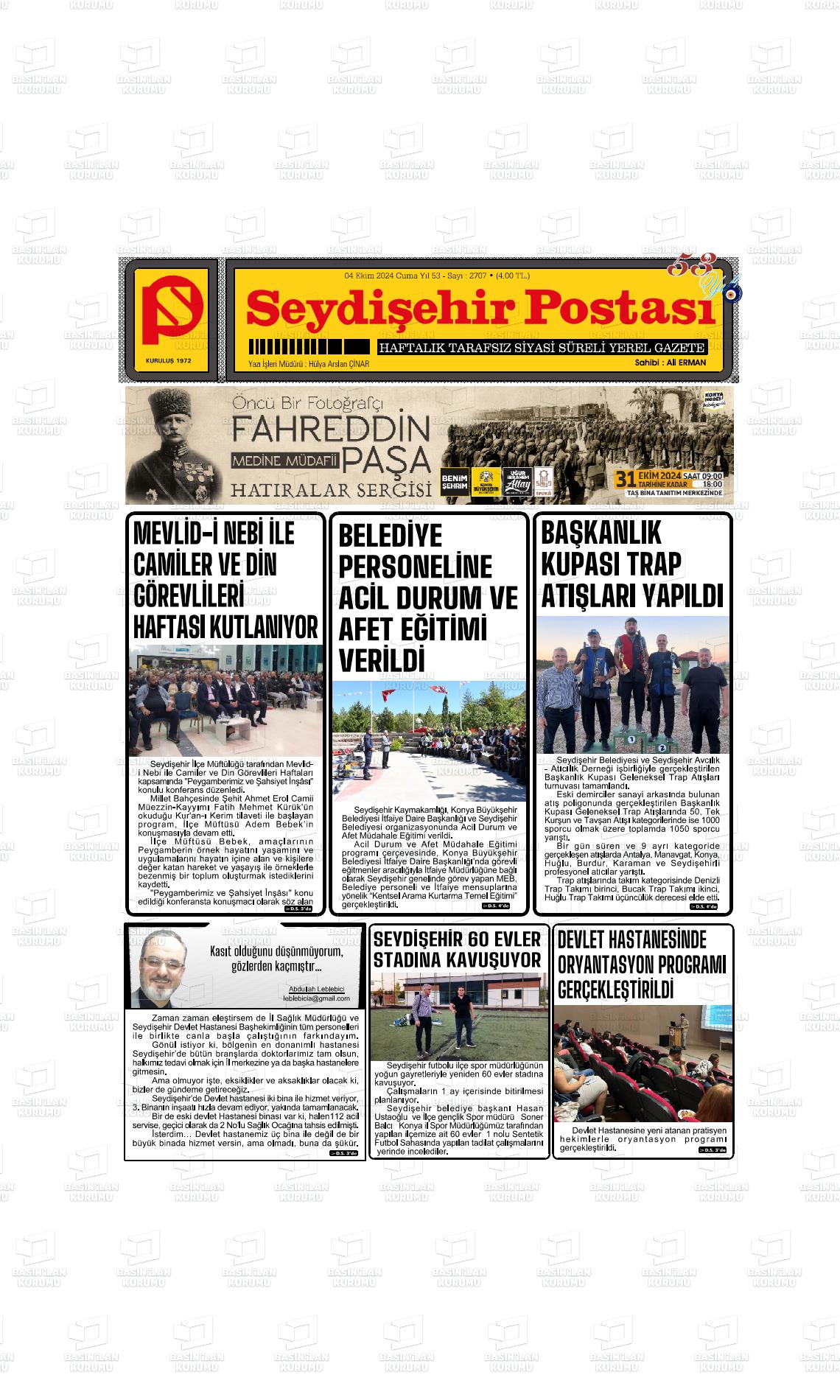 04 Ekim 2024 Seydişehir Postası Gazete Manşeti