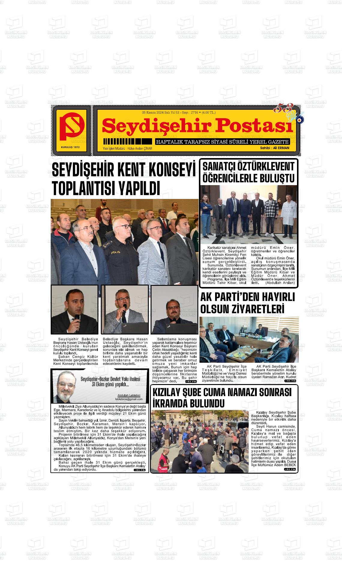 05 Kasım 2024 Seydişehir Postası Gazete Manşeti