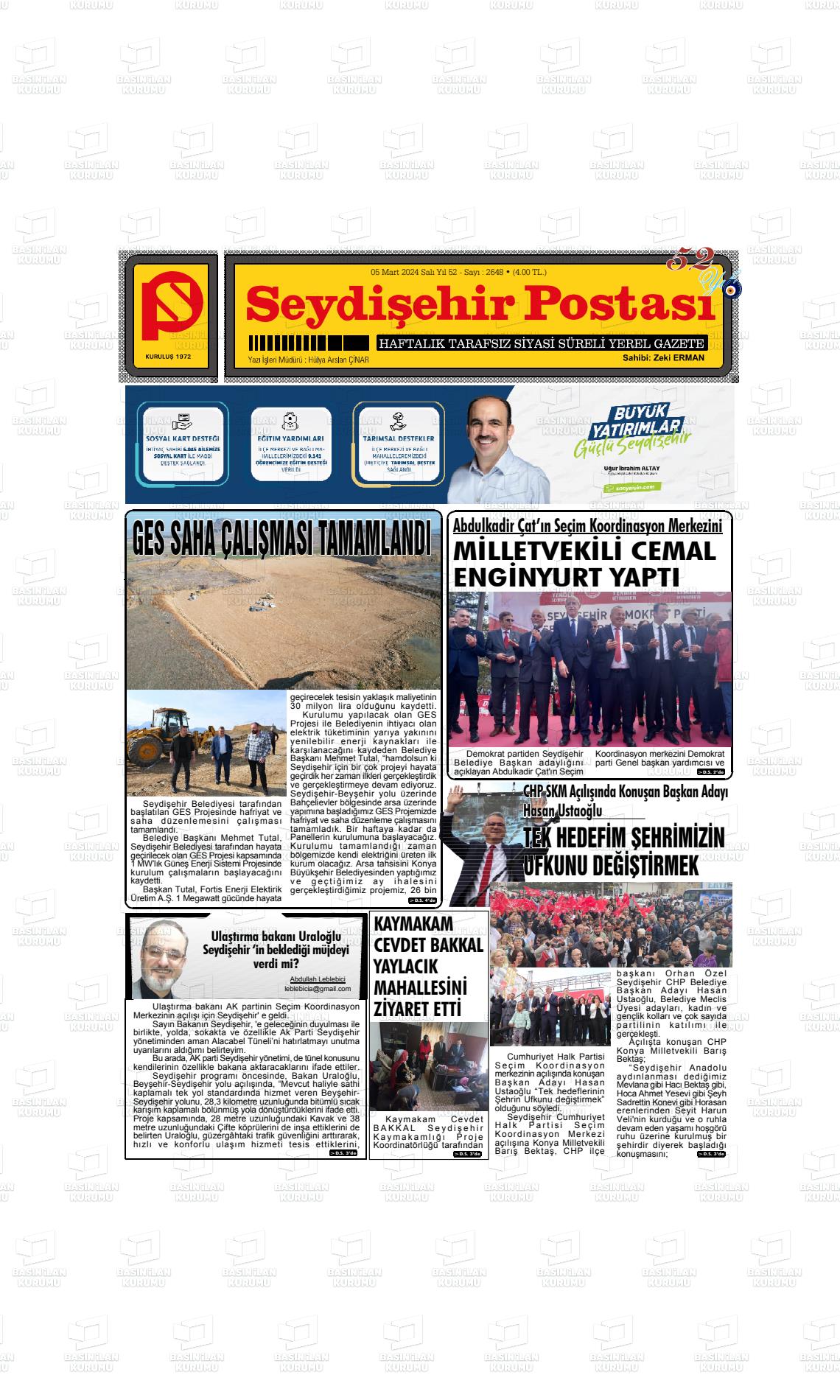 06 Mart 2024 Seydişehir Postası Gazete Manşeti