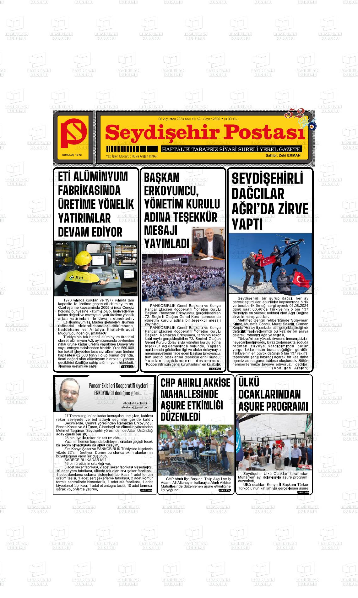 06 Ağustos 2024 Seydişehir Postası Gazete Manşeti