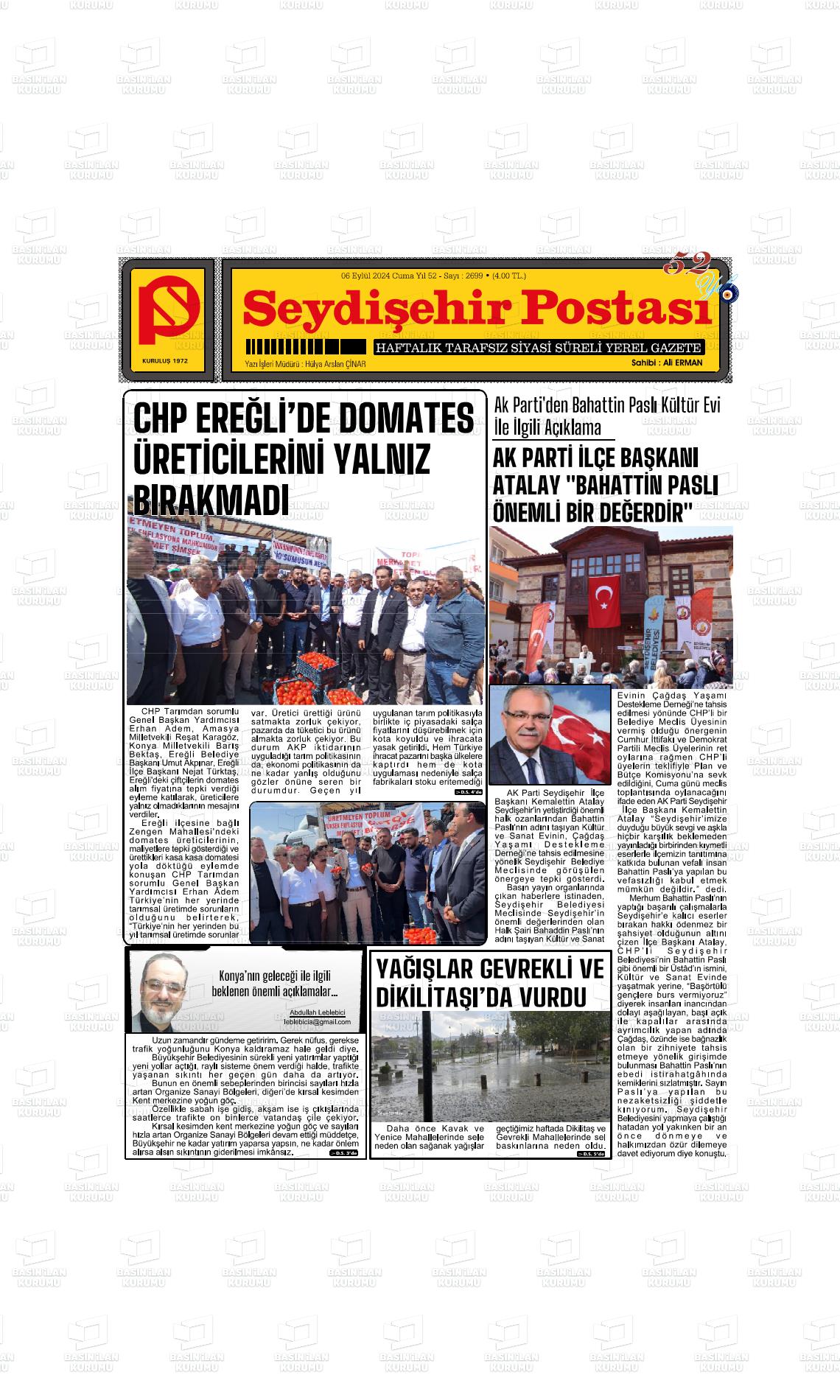 06 Eylül 2024 Seydişehir Postası Gazete Manşeti