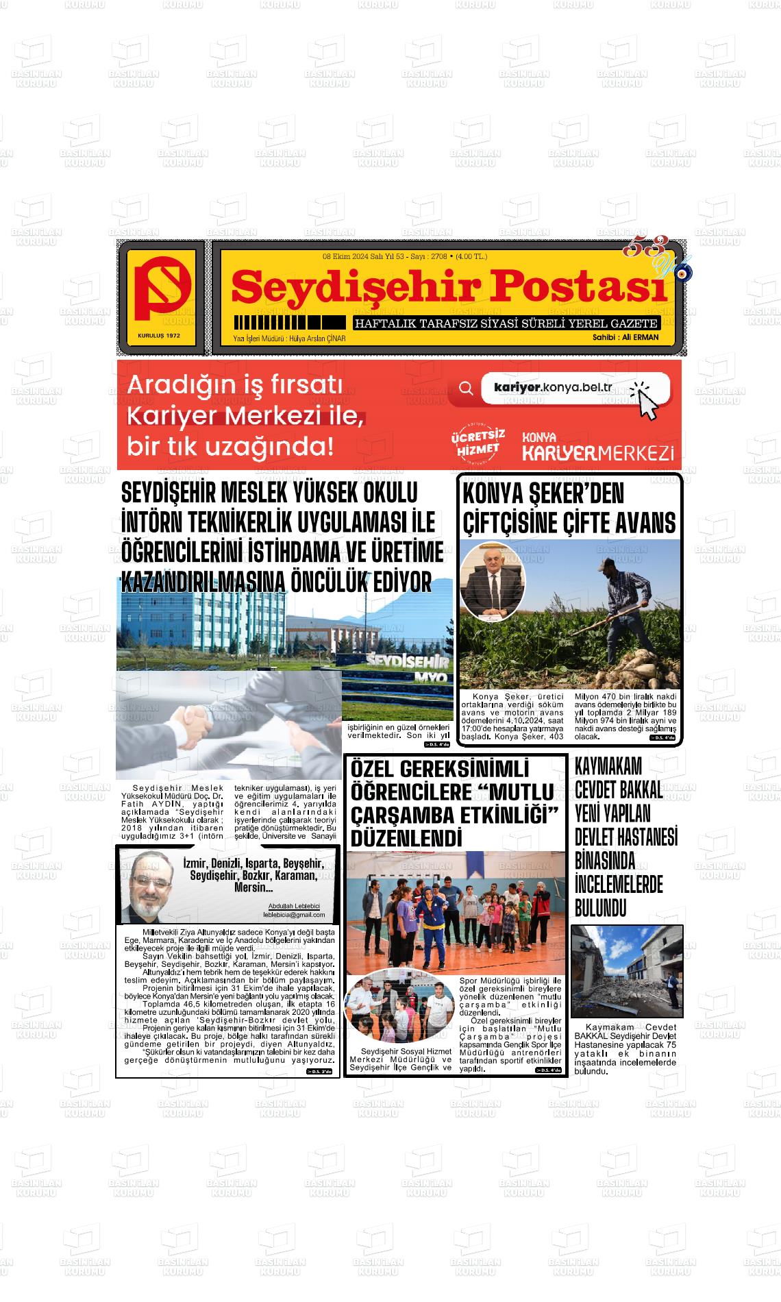 08 Ekim 2024 Seydişehir Postası Gazete Manşeti