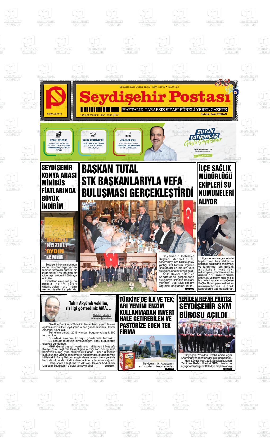 08 Mart 2024 Seydişehir Postası Gazete Manşeti