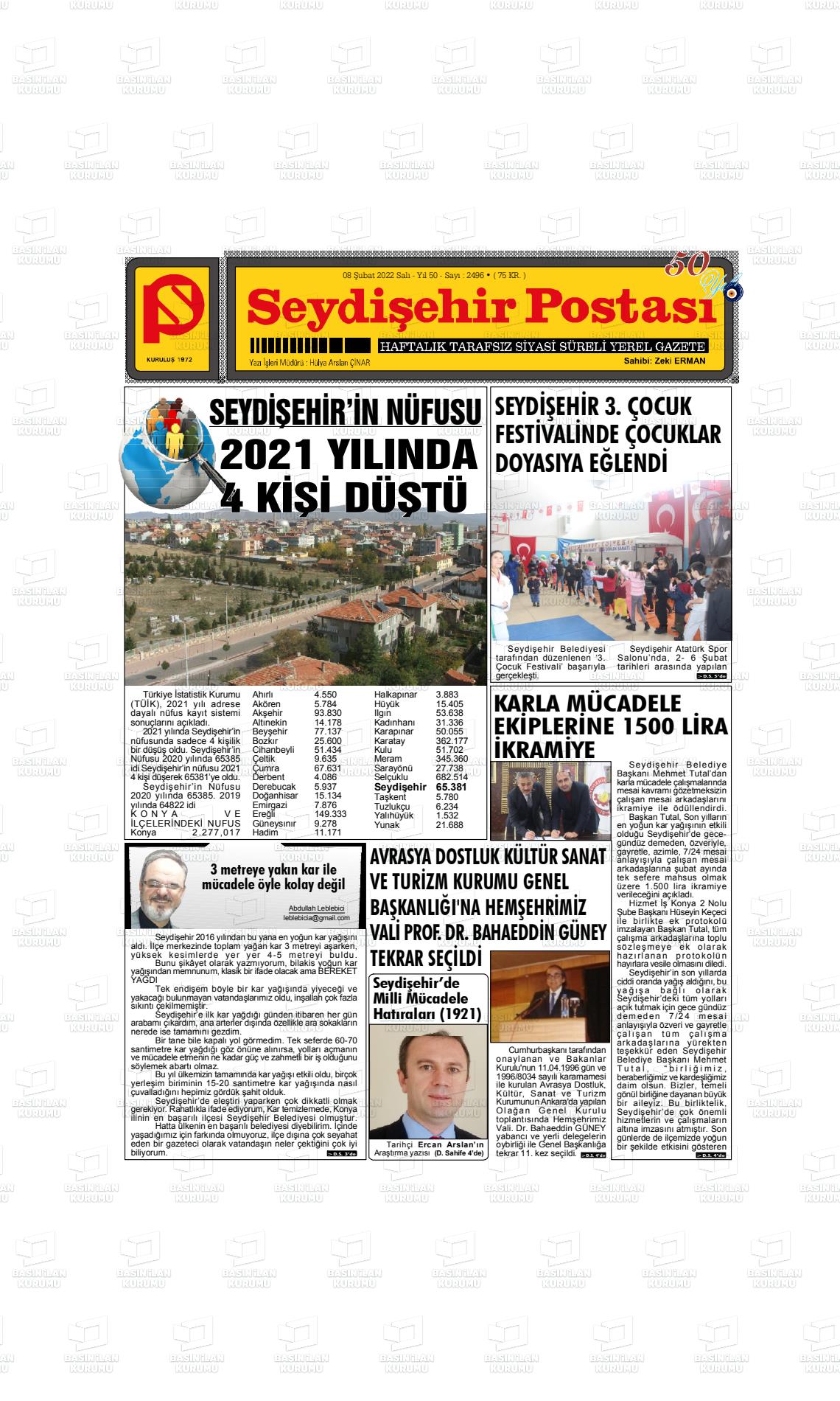 08 Şubat 2022 Seydişehir Postası Gazete Manşeti