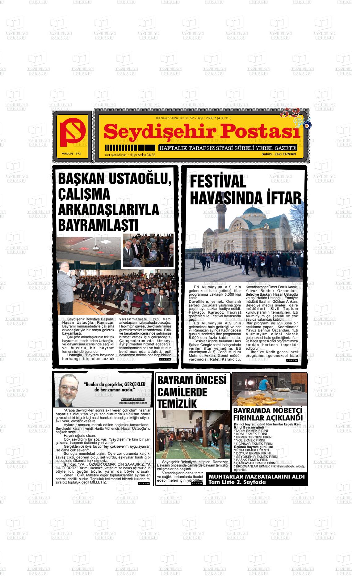 09 Nisan 2024 Seydişehir Postası Gazete Manşeti