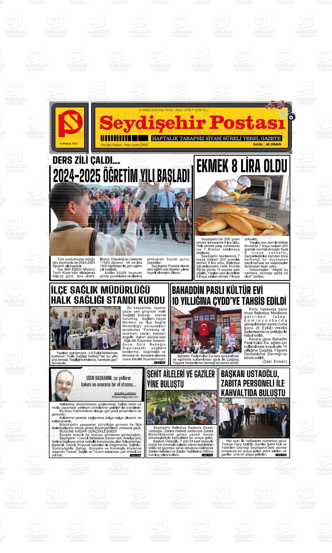 10 Eylül 2024 Seydişehir Postası Gazete Manşeti