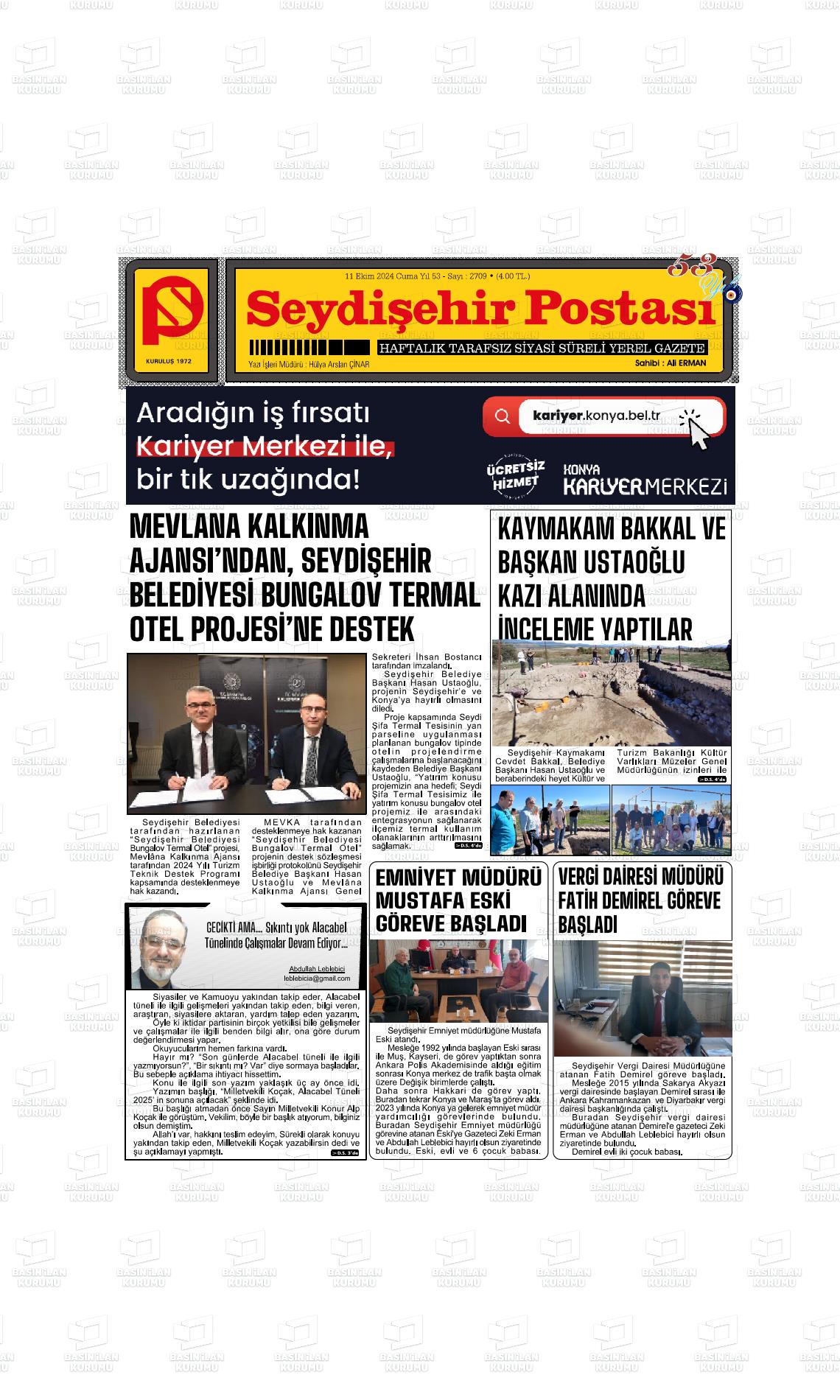 11 Ekim 2024 Seydişehir Postası Gazete Manşeti