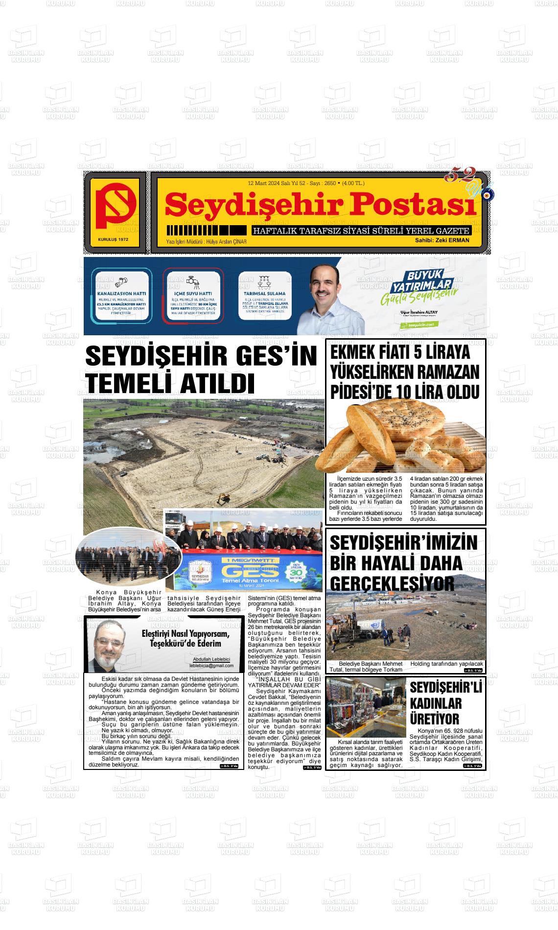 12 Mart 2024 Seydişehir Postası Gazete Manşeti