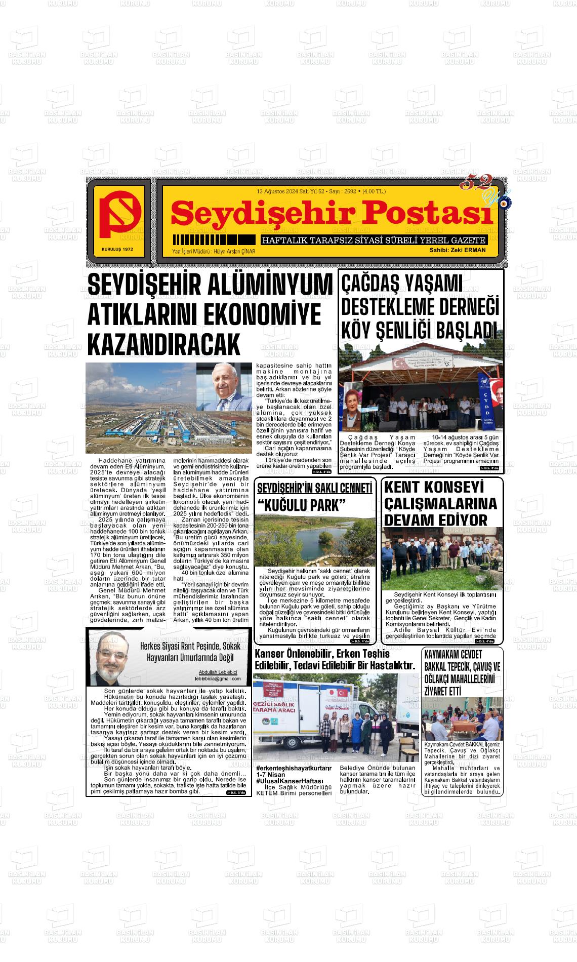 13 Ağustos 2024 Seydişehir Postası Gazete Manşeti