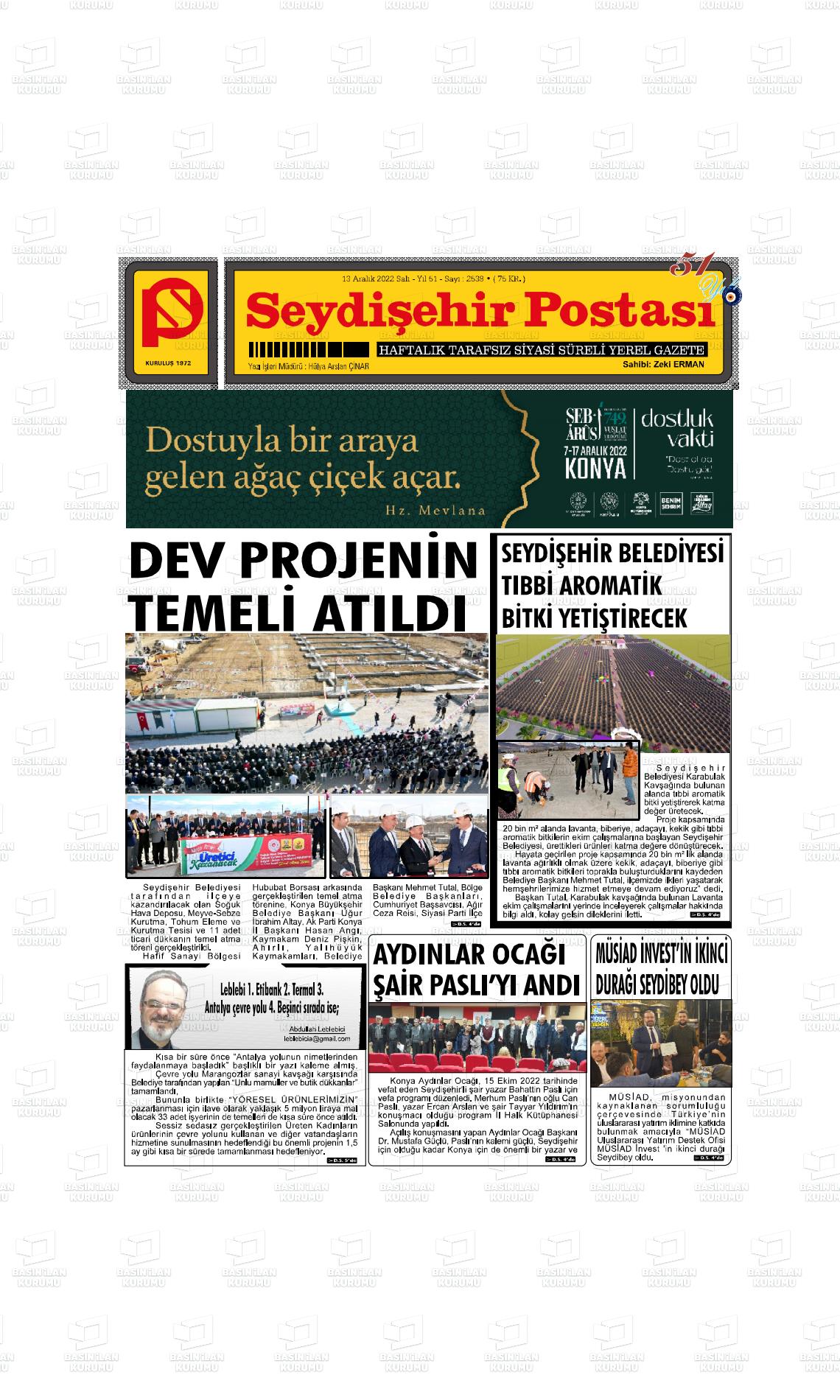 13 Aralık 2022 Seydişehir Postası Gazete Manşeti