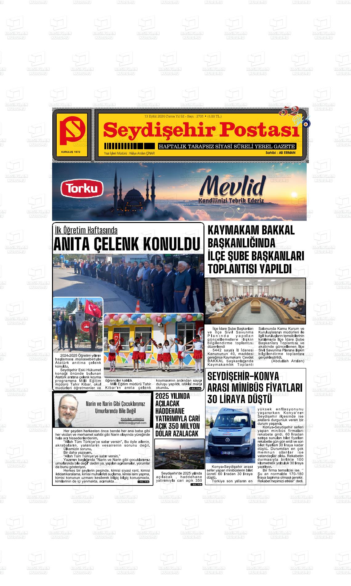 13 Eylül 2024 Seydişehir Postası Gazete Manşeti