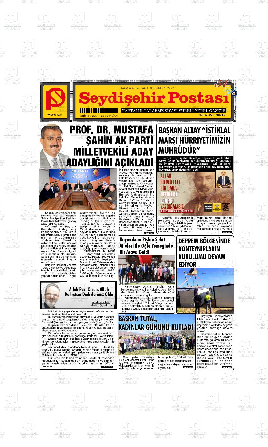 14 Mart 2023 Seydişehir Postası Gazete Manşeti