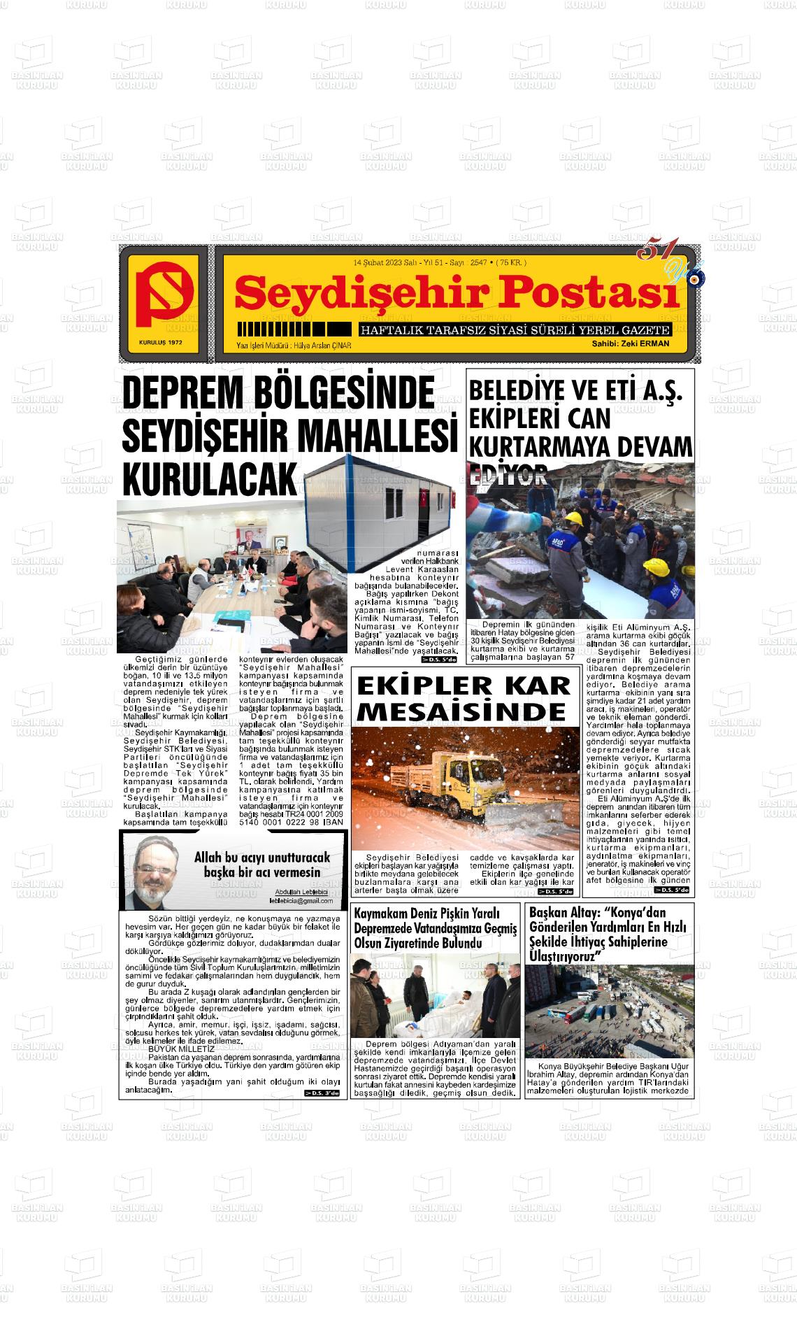 14 Şubat 2023 Seydişehir Postası Gazete Manşeti