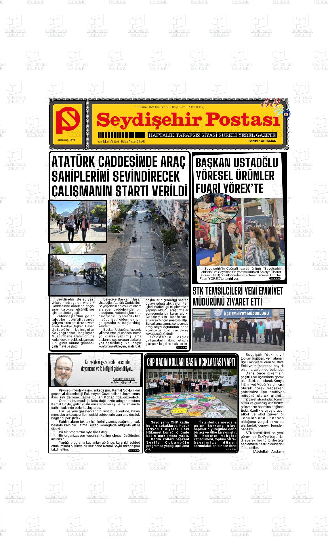 15 Ekim 2024 Seydişehir Postası Gazete Manşeti