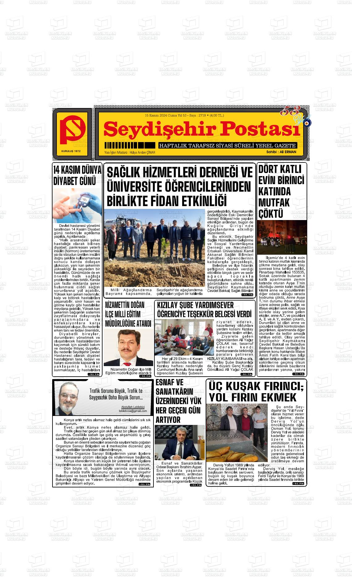 15 Kasım 2024 Seydişehir Postası Gazete Manşeti