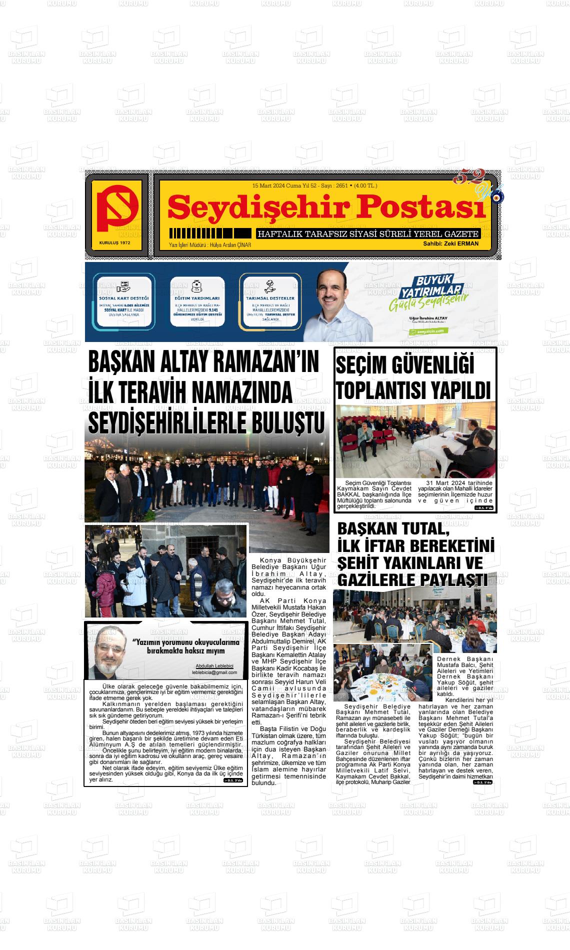 15 Mart 2024 Seydişehir Postası Gazete Manşeti