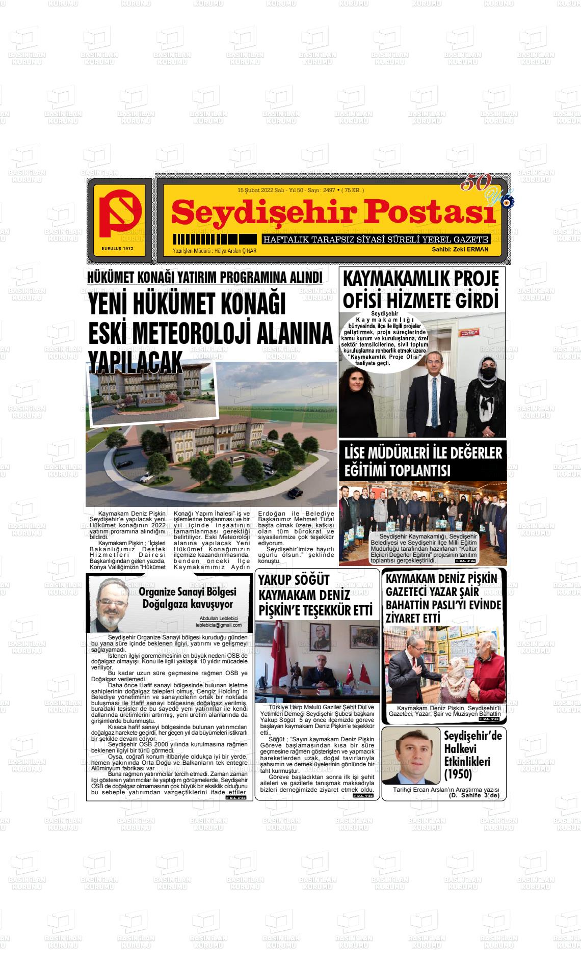 15 Şubat 2022 Seydişehir Postası Gazete Manşeti