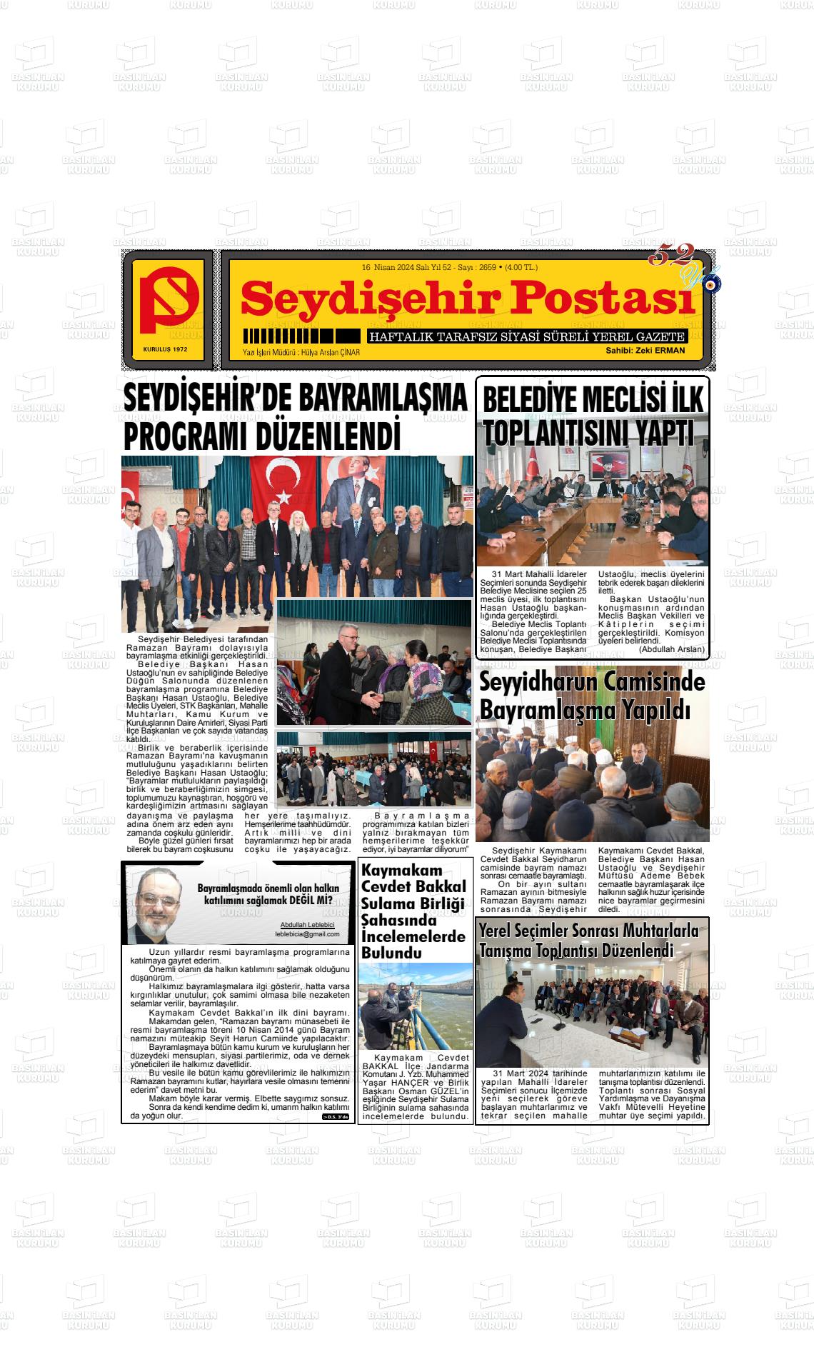 16 Nisan 2024 Seydişehir Postası Gazete Manşeti