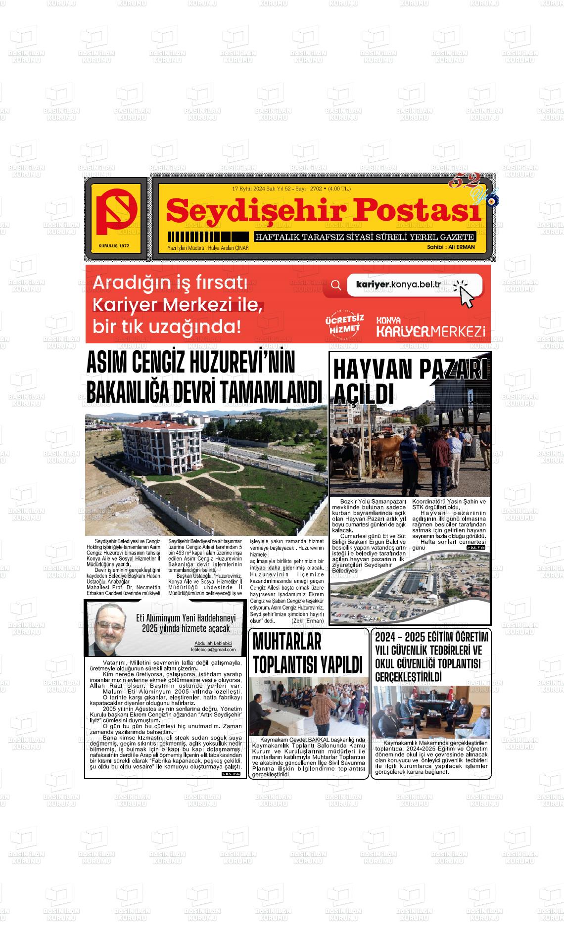 17 Eylül 2024 Seydişehir Postası Gazete Manşeti