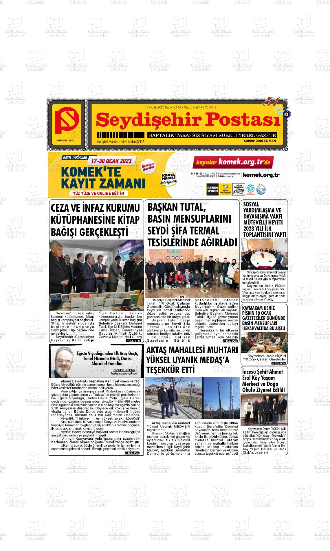 19 Ocak 2023 Seydişehir Postası Gazete Manşeti