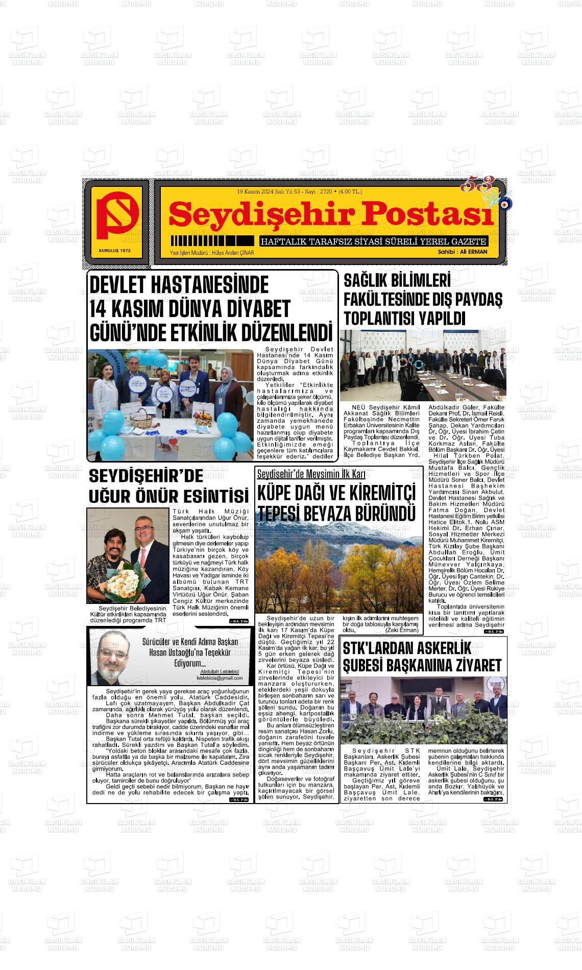 19 Kasım 2024 Seydişehir Postası Gazete Manşeti