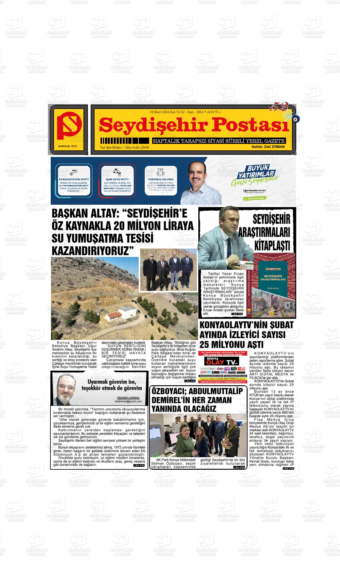 19 Mart 2024 Seydişehir Postası Gazete Manşeti