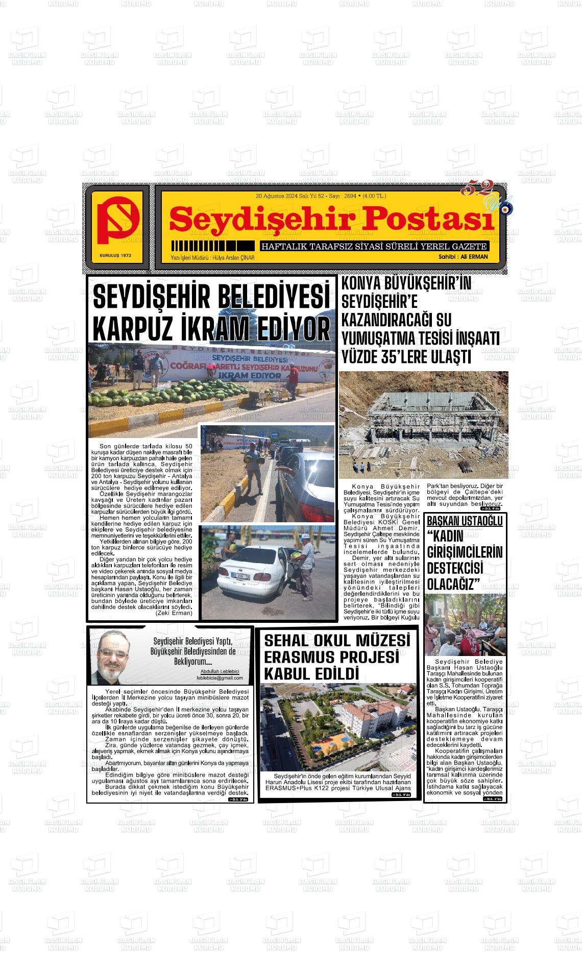 20 Ağustos 2024 Seydişehir Postası Gazete Manşeti