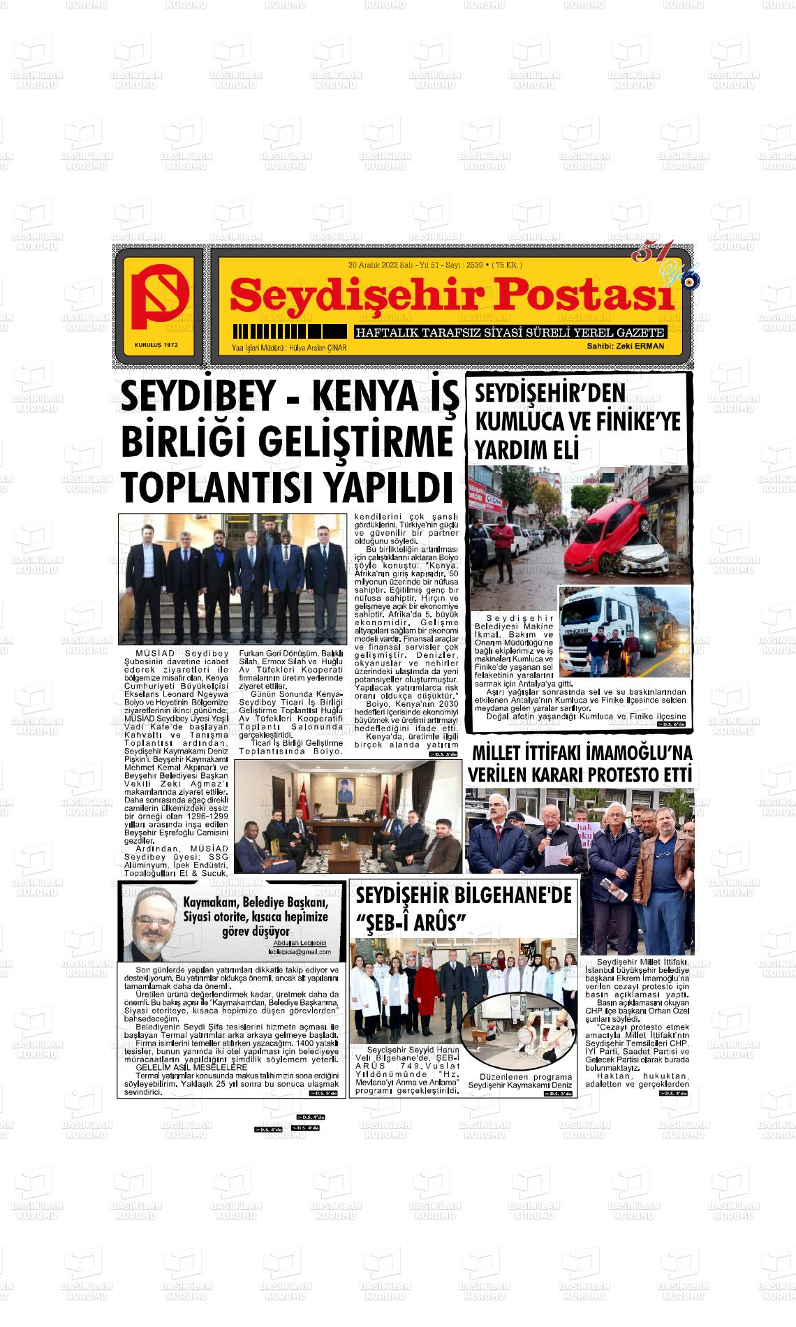 20 Aralık 2022 Seydişehir Postası Gazete Manşeti