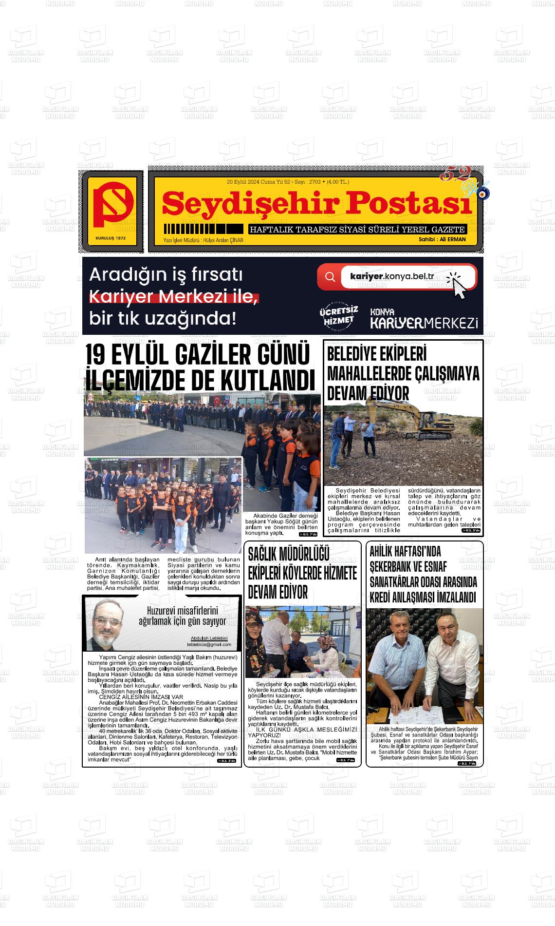 20 Eylül 2024 Seydişehir Postası Gazete Manşeti