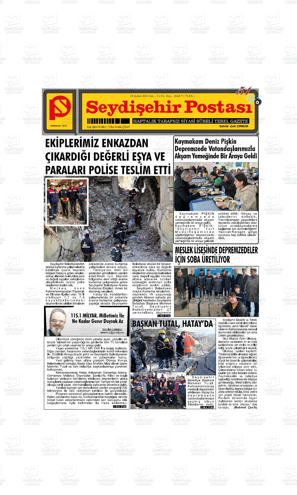 21 Şubat 2023 Seydişehir Postası Gazete Manşeti