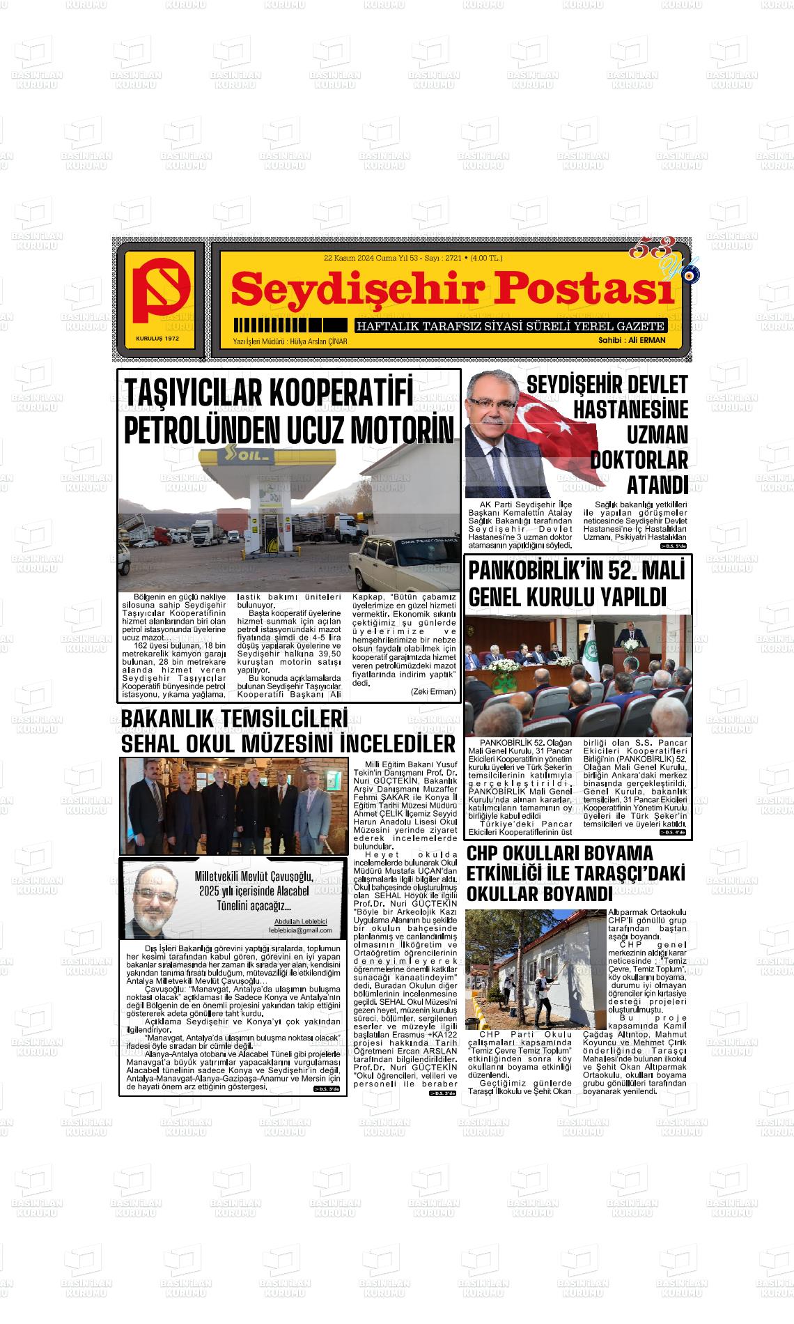 22 Kasım 2024 Seydişehir Postası Gazete Manşeti