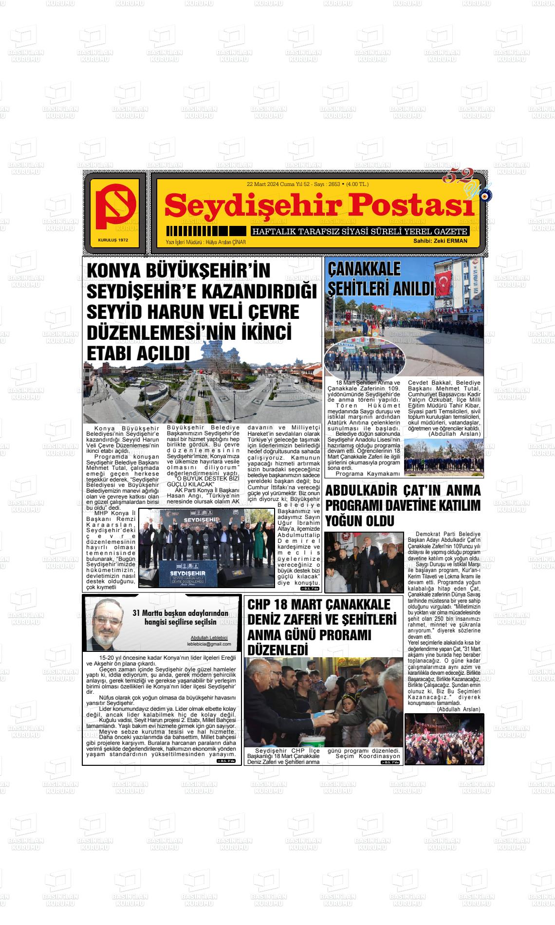 22 Mart 2024 Seydişehir Postası Gazete Manşeti