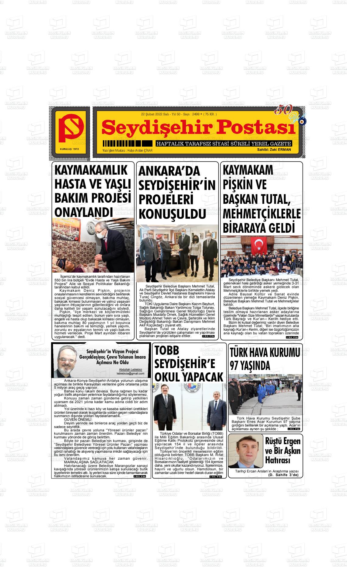 22 Şubat 2022 Seydişehir Postası Gazete Manşeti