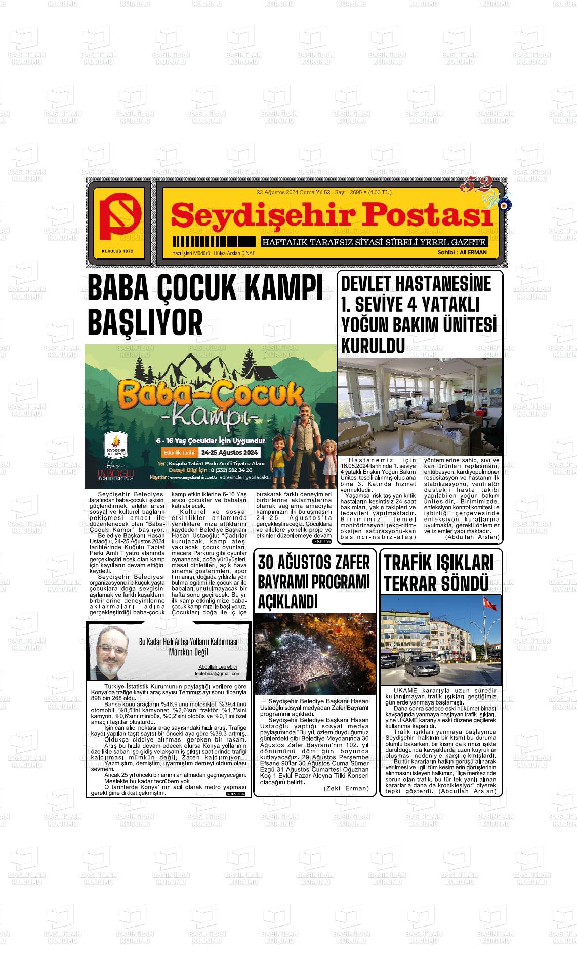 23 Ağustos 2024 Seydişehir Postası Gazete Manşeti