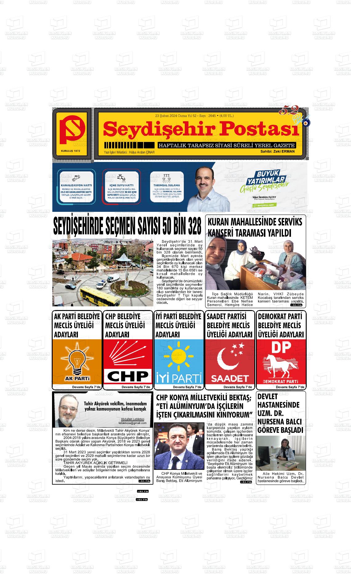 23 Şubat 2024 Seydişehir Postası Gazete Manşeti