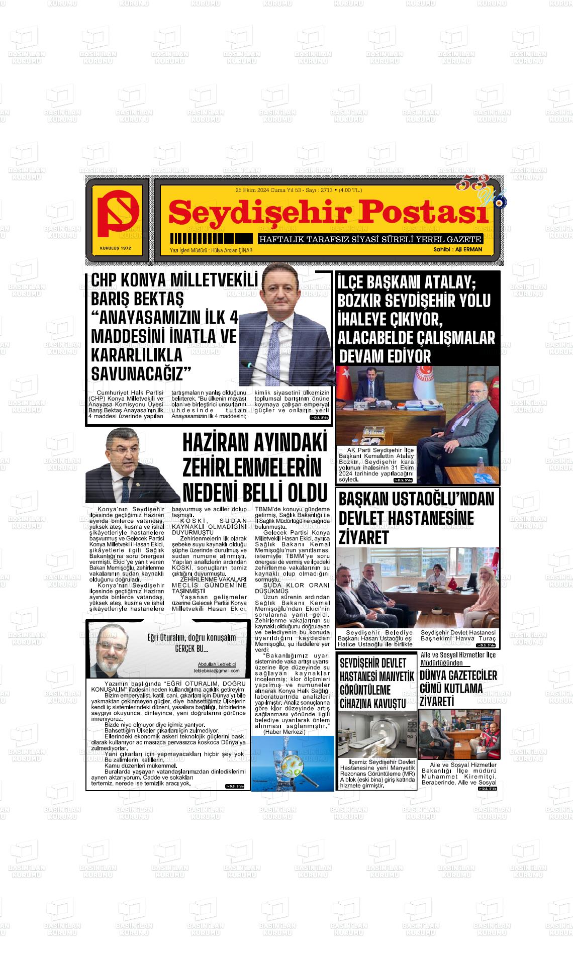 25 Ekim 2024 Seydişehir Postası Gazete Manşeti