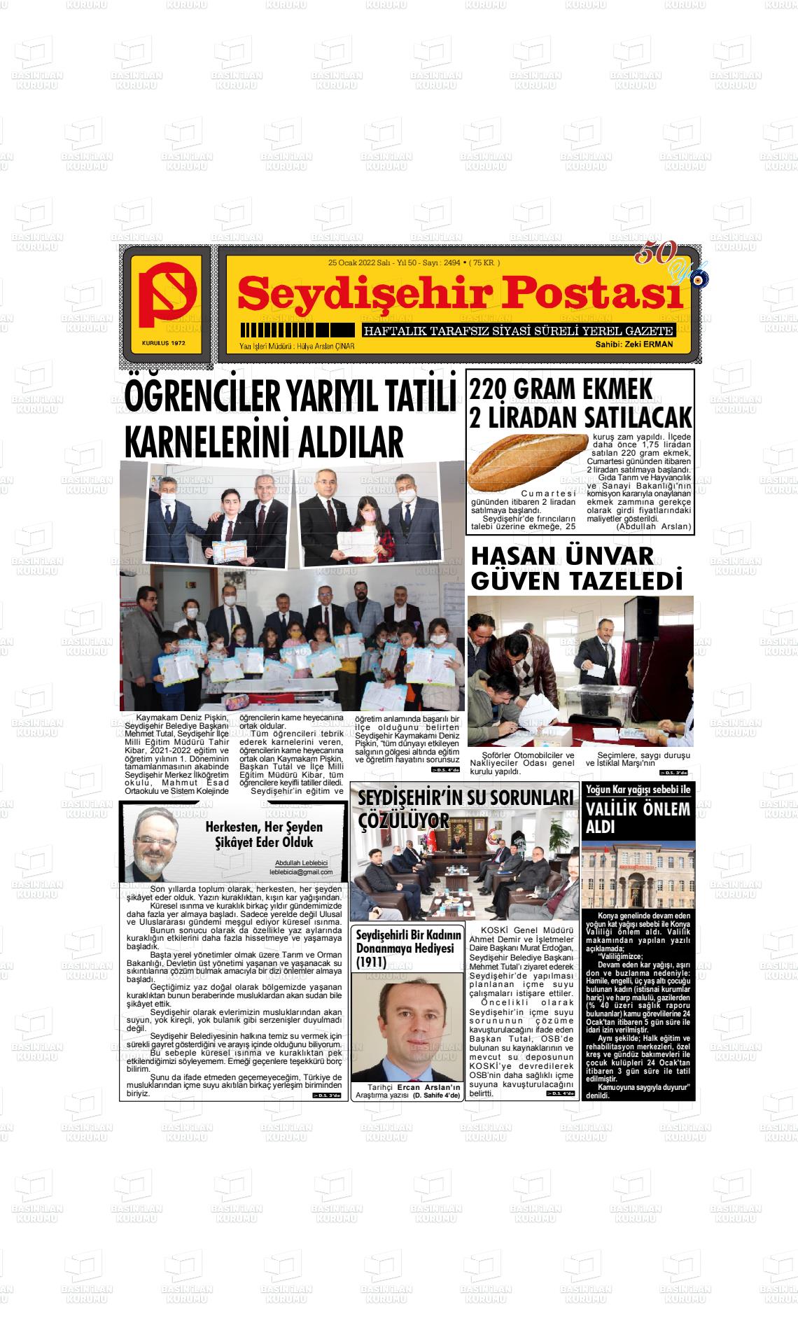 25 Ocak 2022 Seydişehir Postası Gazete Manşeti