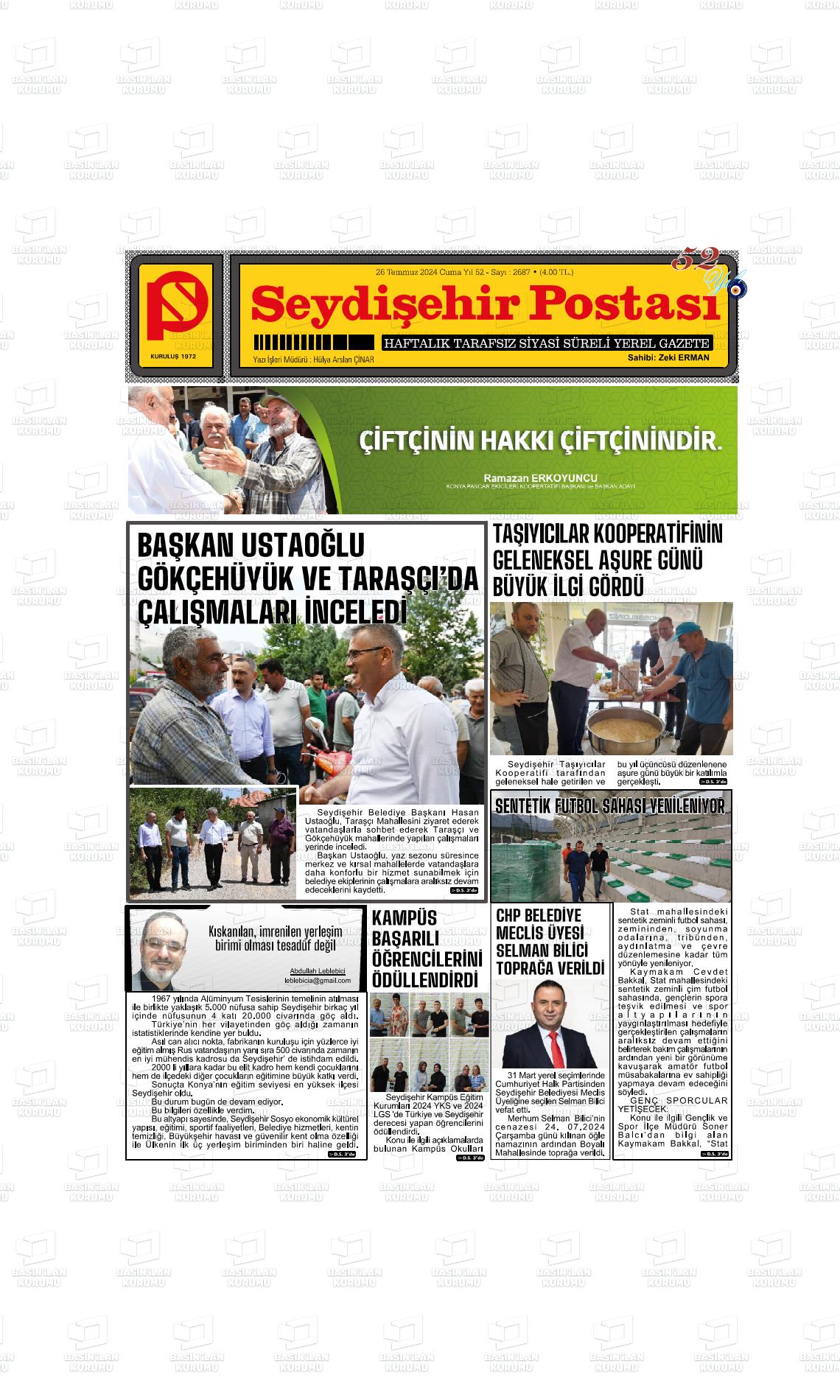 26 Temmuz 2024 Seydişehir Postası Gazete Manşeti