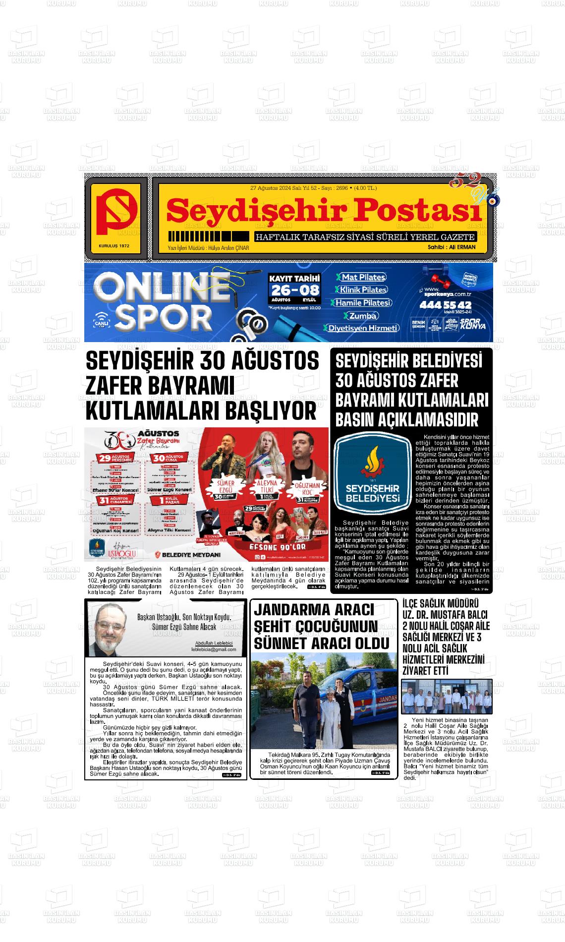 27 Ağustos 2024 Seydişehir Postası Gazete Manşeti