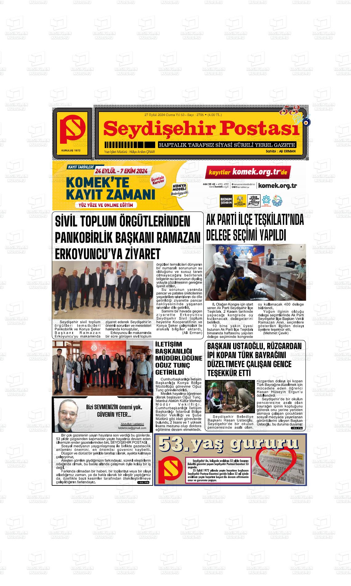 27 Eylül 2024 Seydişehir Postası Gazete Manşeti