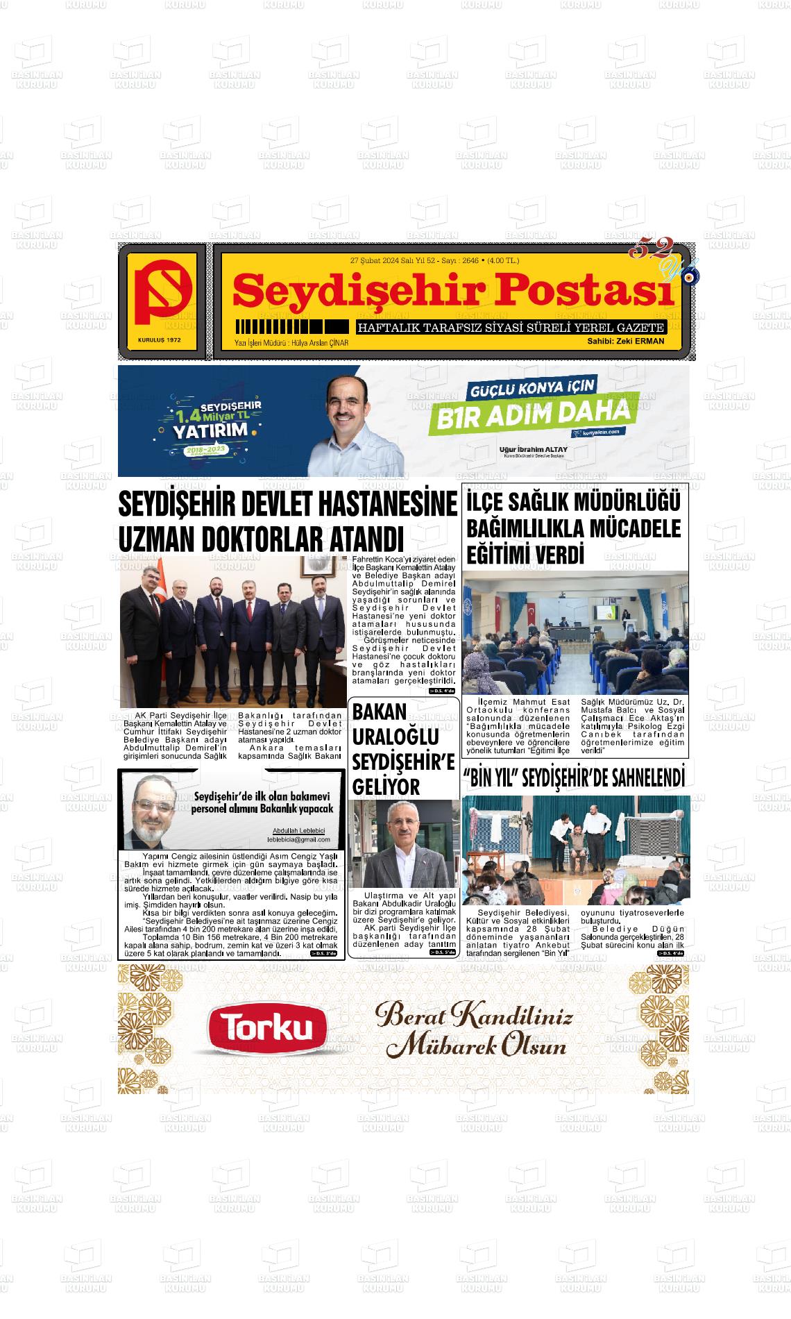 27 Şubat 2024 Seydişehir Postası Gazete Manşeti