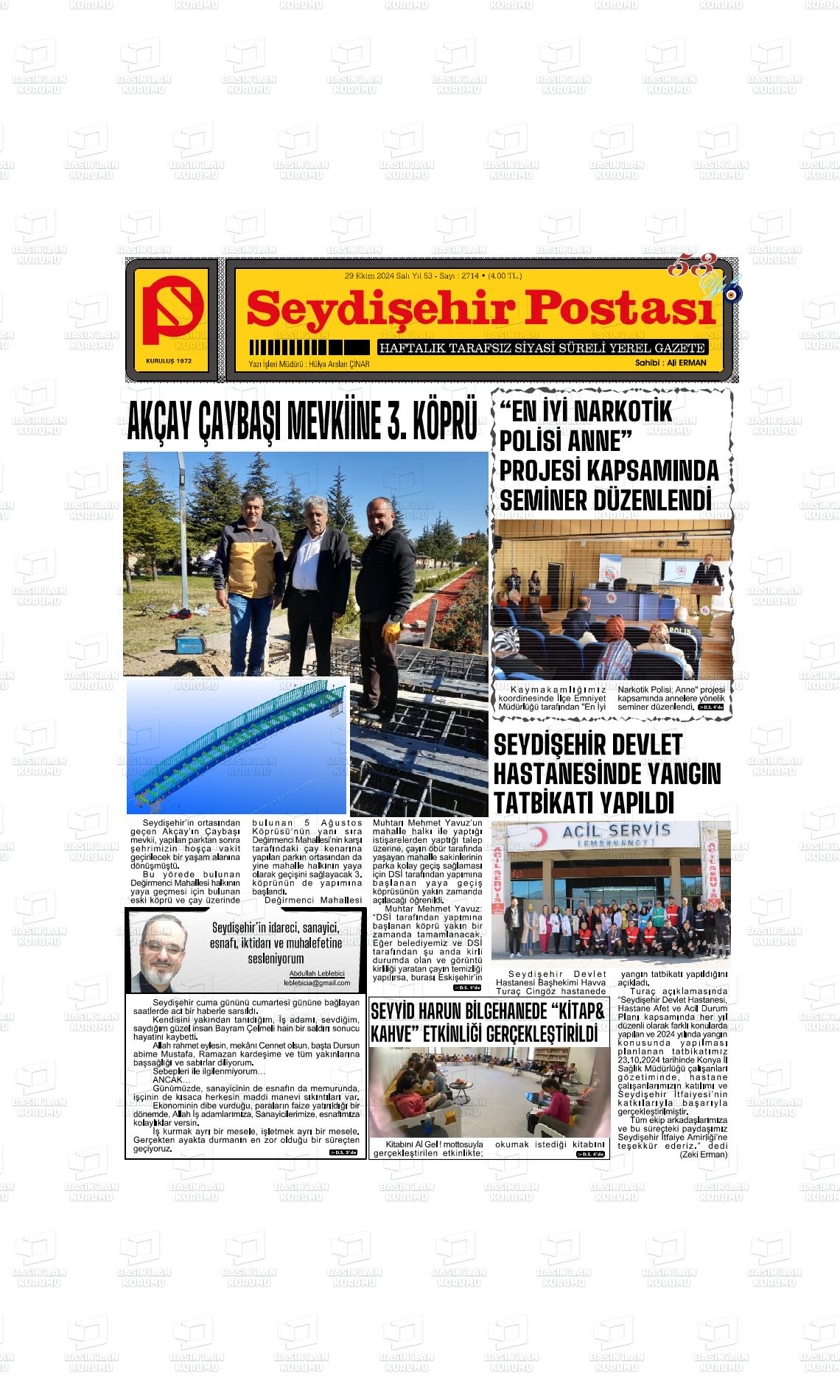 29 Ekim 2024 Seydişehir Postası Gazete Manşeti