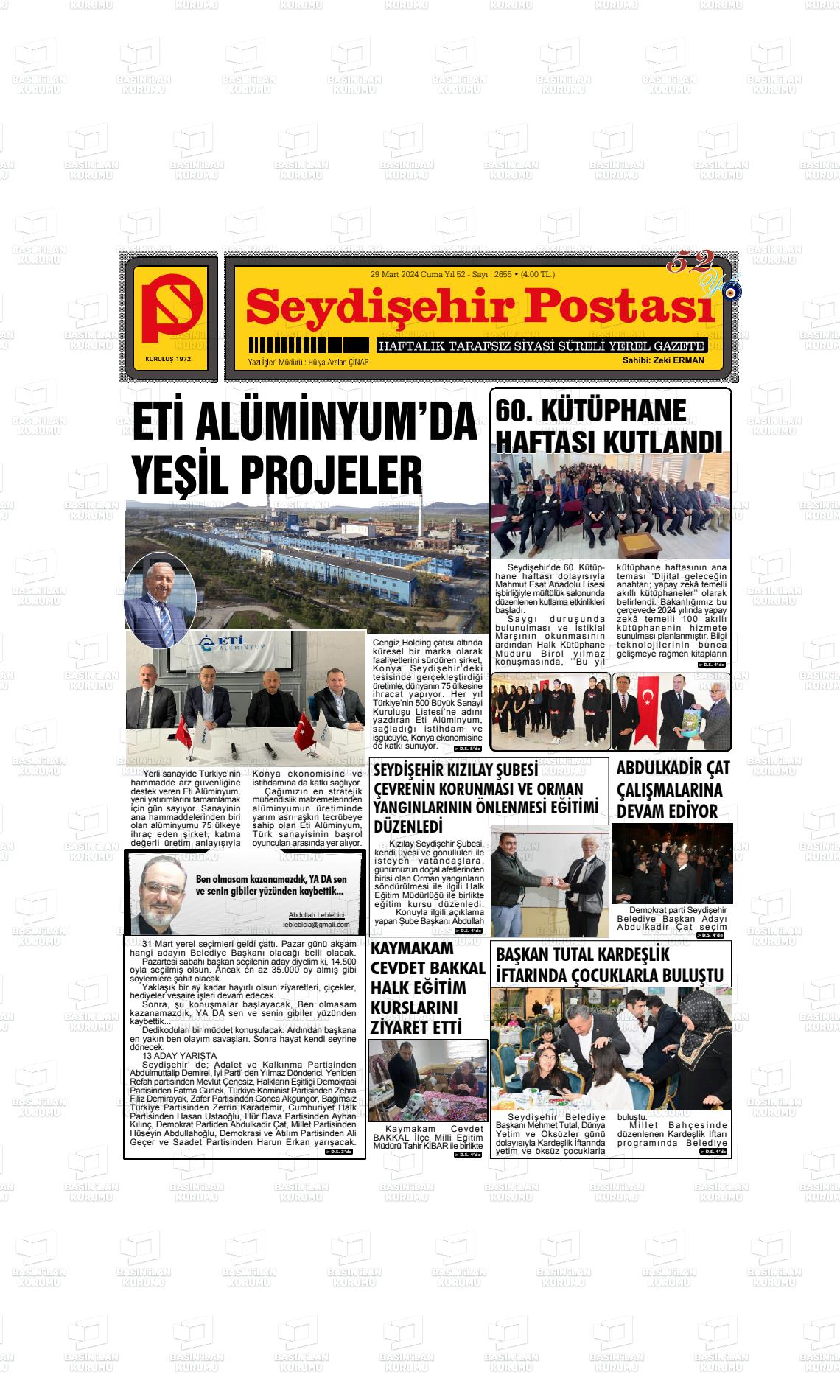 29 Mart 2024 Seydişehir Postası Gazete Manşeti