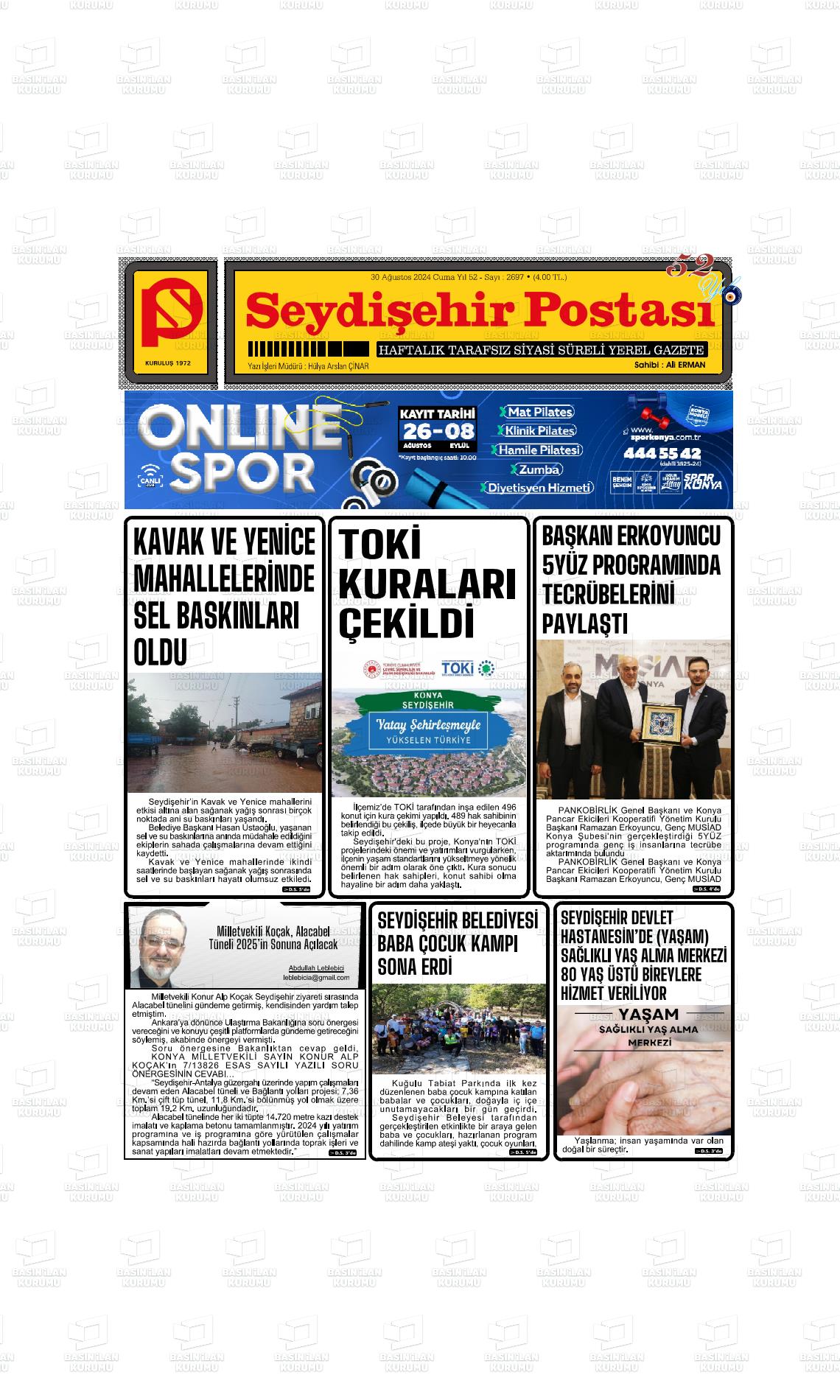 30 Ağustos 2024 Seydişehir Postası Gazete Manşeti