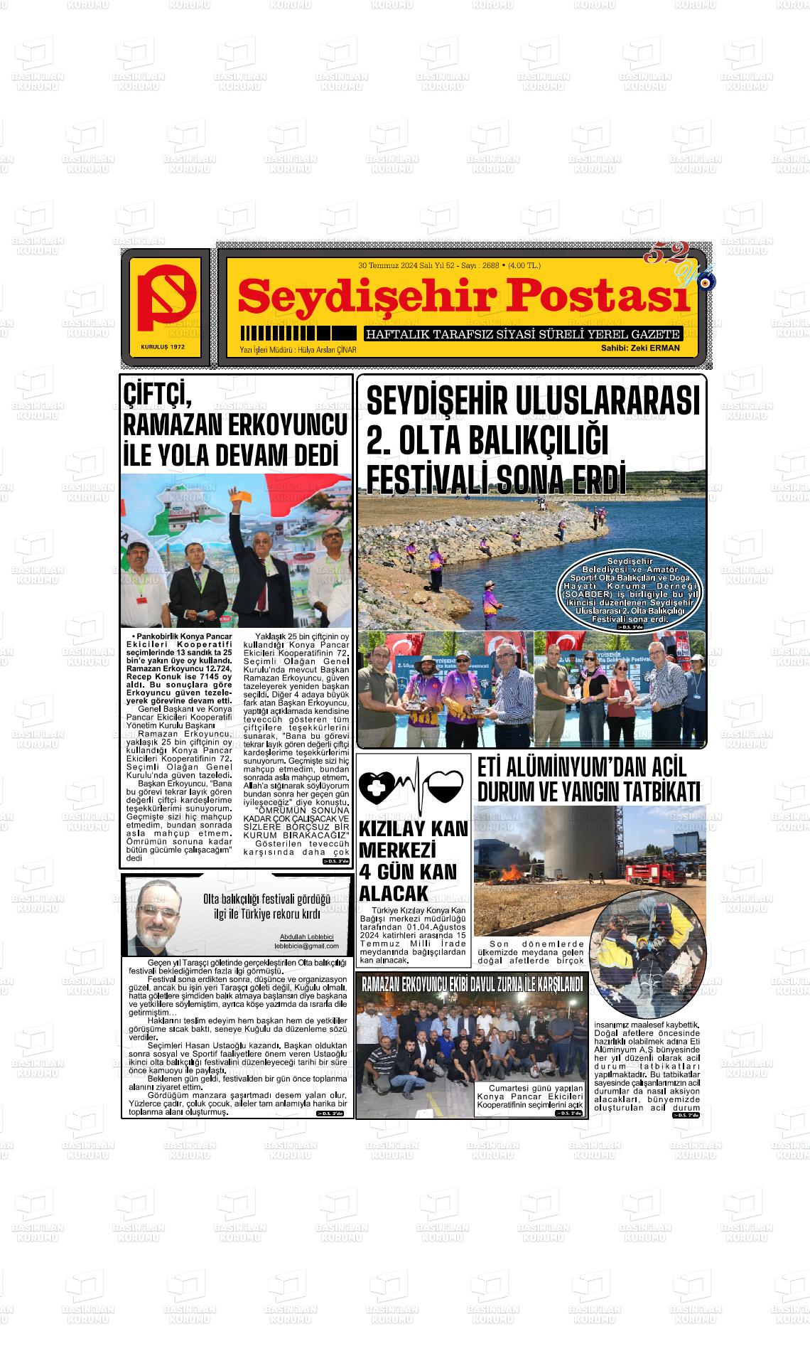 30 Temmuz 2024 Seydişehir Postası Gazete Manşeti