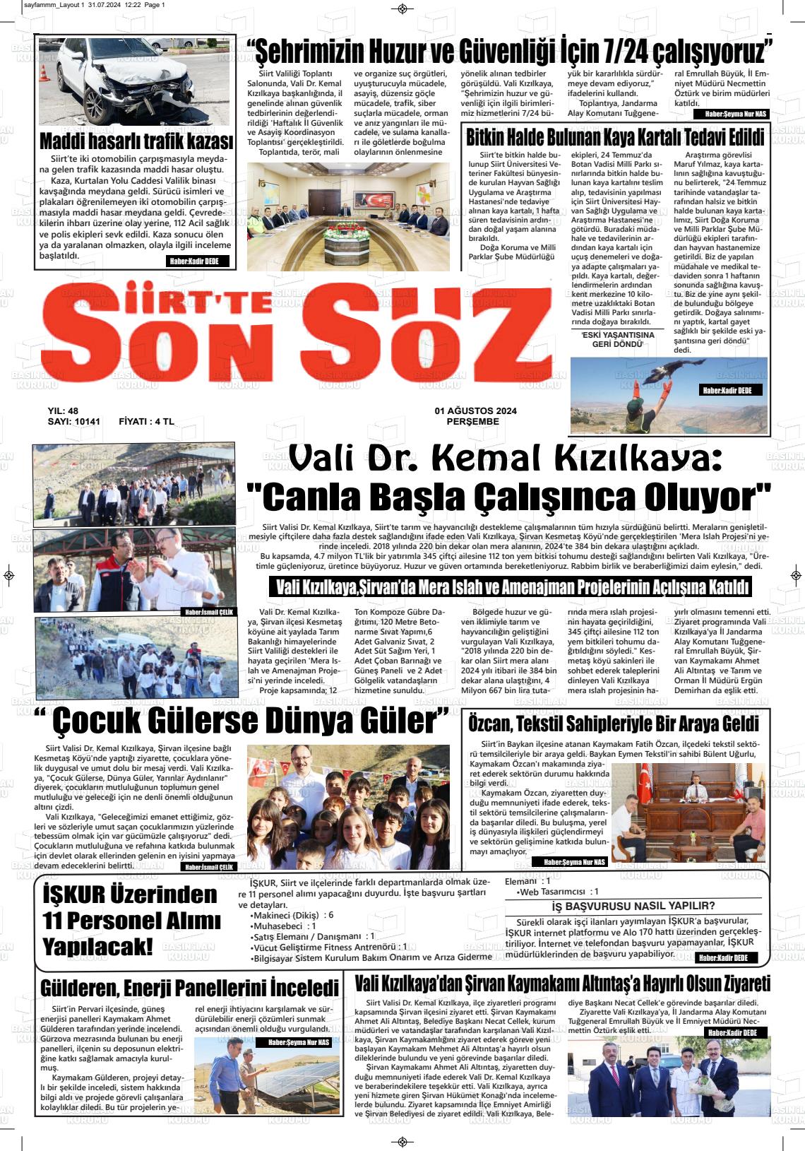 01 Ağustos 2024 Siirt'te Sonsöz Gazete Manşeti