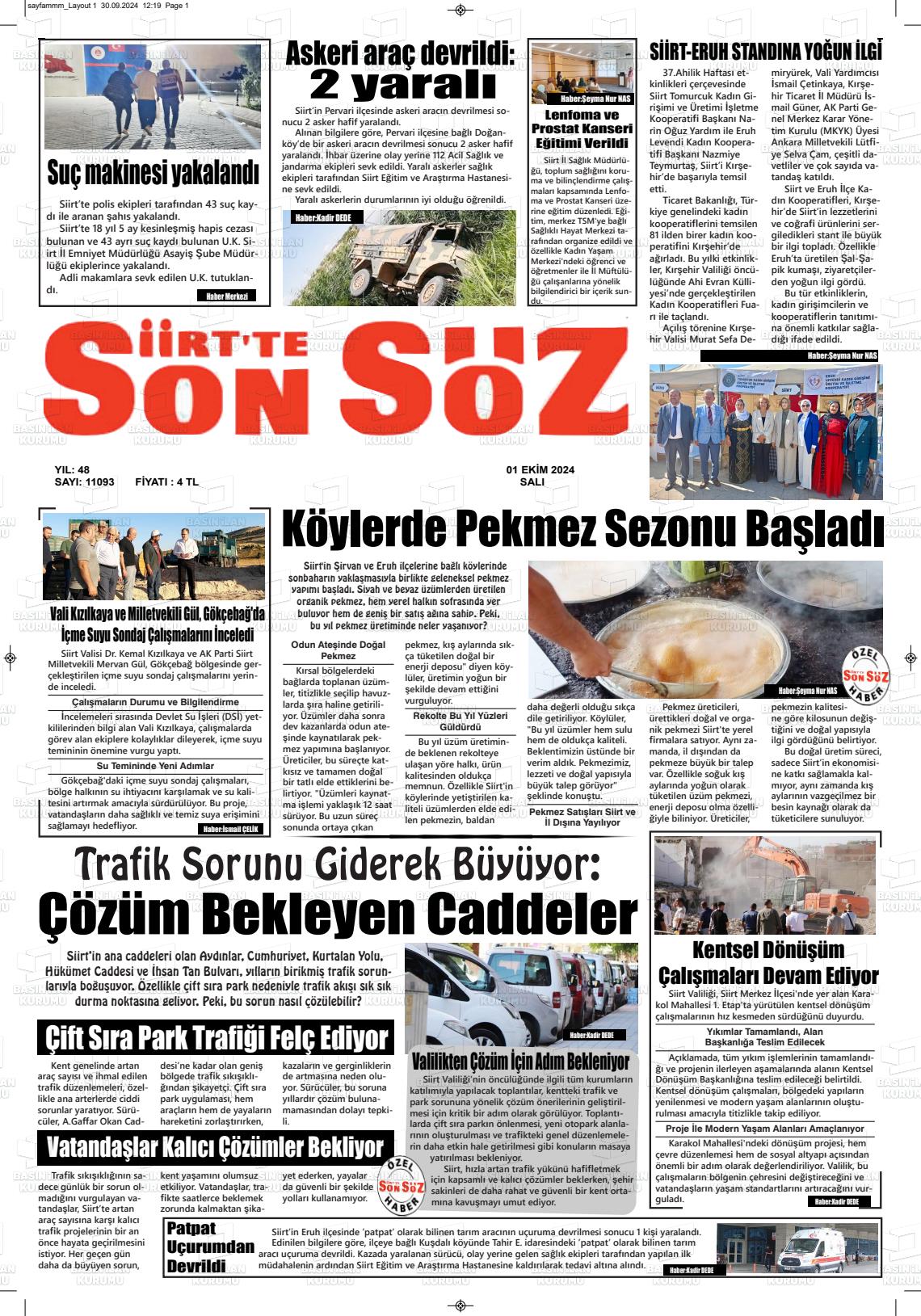 01 Ekim 2024 Siirt'te Sonsöz Gazete Manşeti